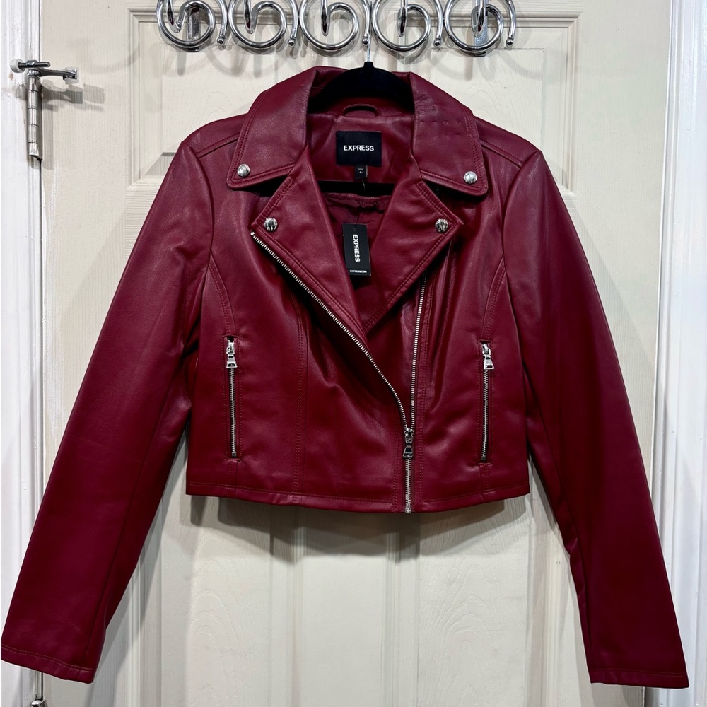 Cropped Red Leather Moto Jacket